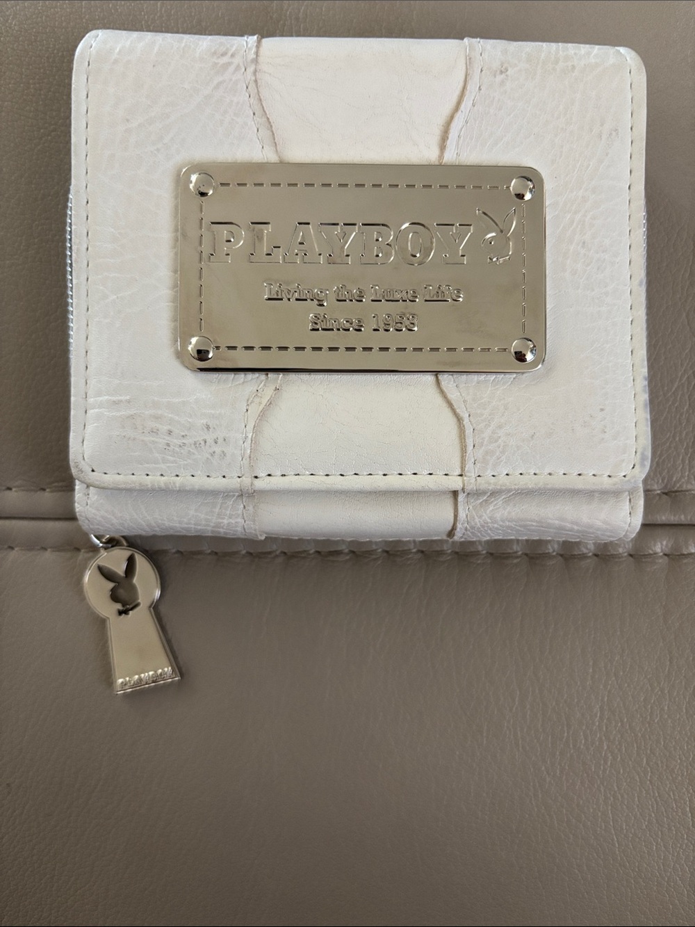 PLAYBOY White Leather Compact Wallet with Metal Logo Plate